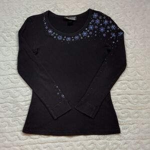 Christine Alexander Black Long Sleeve Rhinestone Detail Top Size L